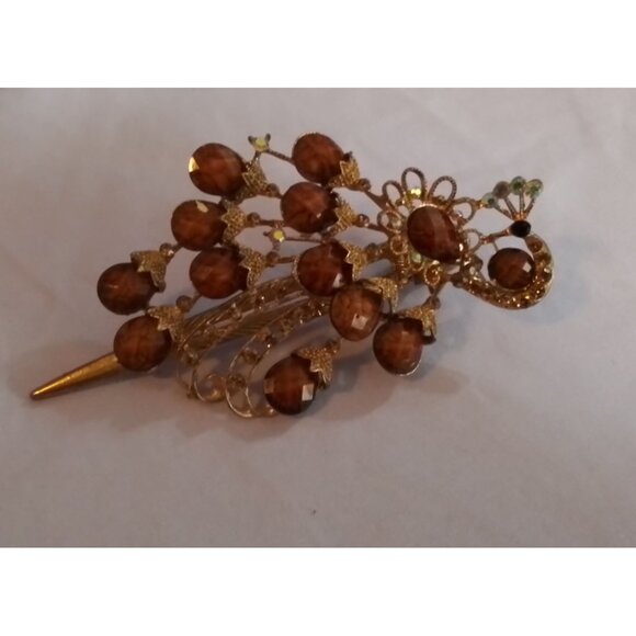 Vintage Gold-Toned Peacock Hair Pin With Brown Gemstones & Intricate Detailing - Picture 1 of 3